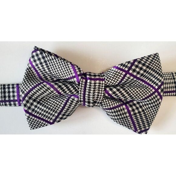 LAUREN Ralph Lauren Boys Necktie Silk Bow Tie Black/Ivory/Purple Houndstooth - Picture 1 of 13